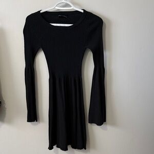 American Eagle Outfitters Black Long Sleeve Ribbed Fit-and-Flare Dress